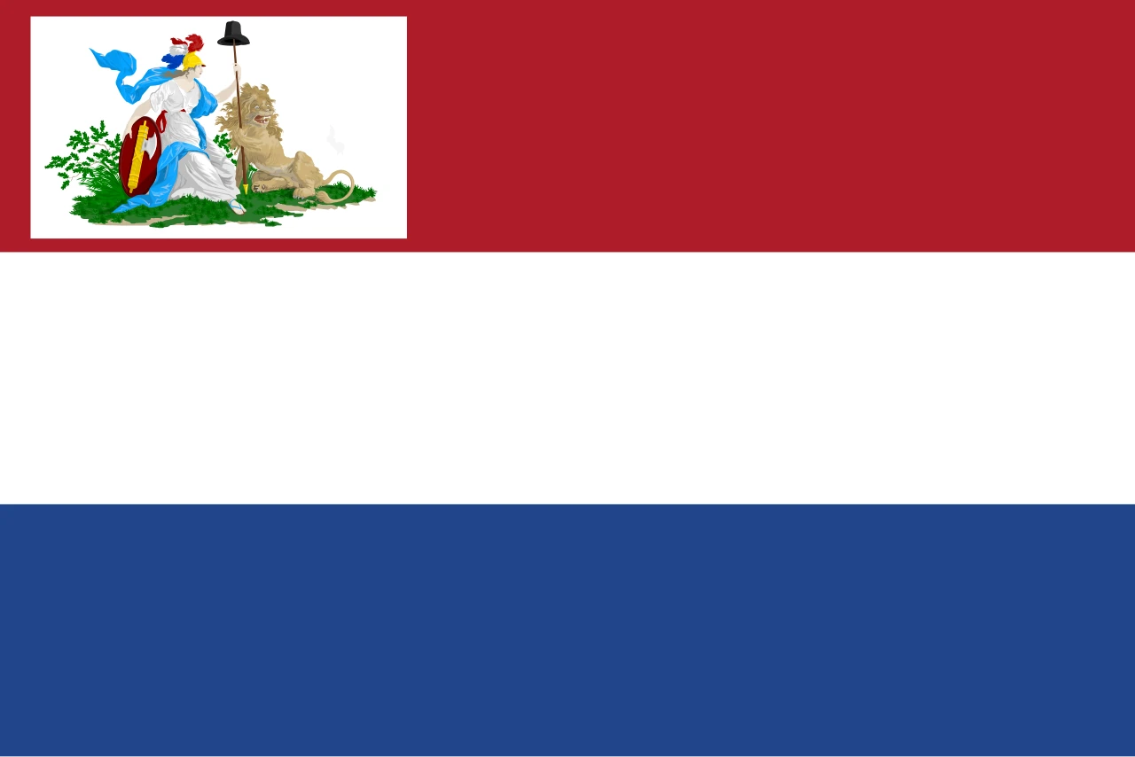 Red, white and blue tricolour with a woman and a lion in the upper corner