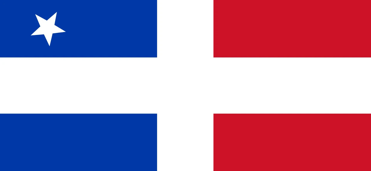 Flag divided by a white cross into four blue and red rectangles, with a white star