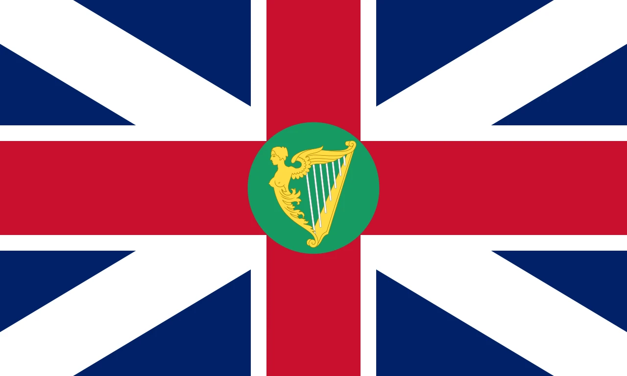 Bandera de la Unió amb una arpa daurada sobre un disc verd al centre