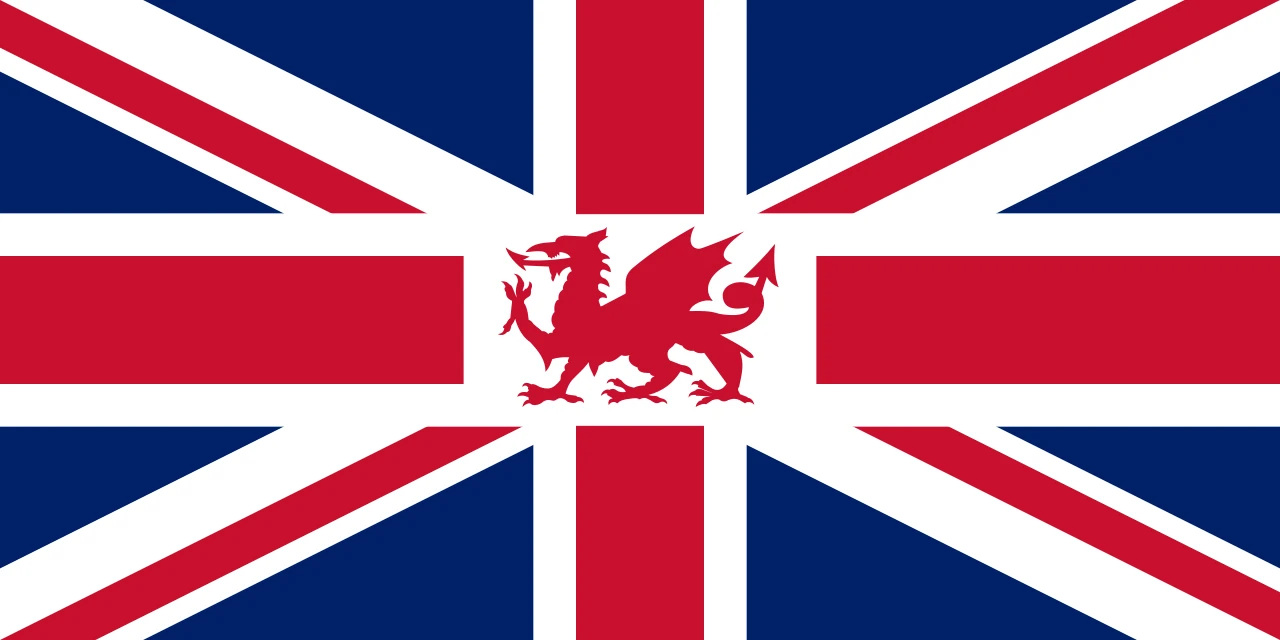 Bandera de la Unió amb el drac vermell de Gal·les al centre