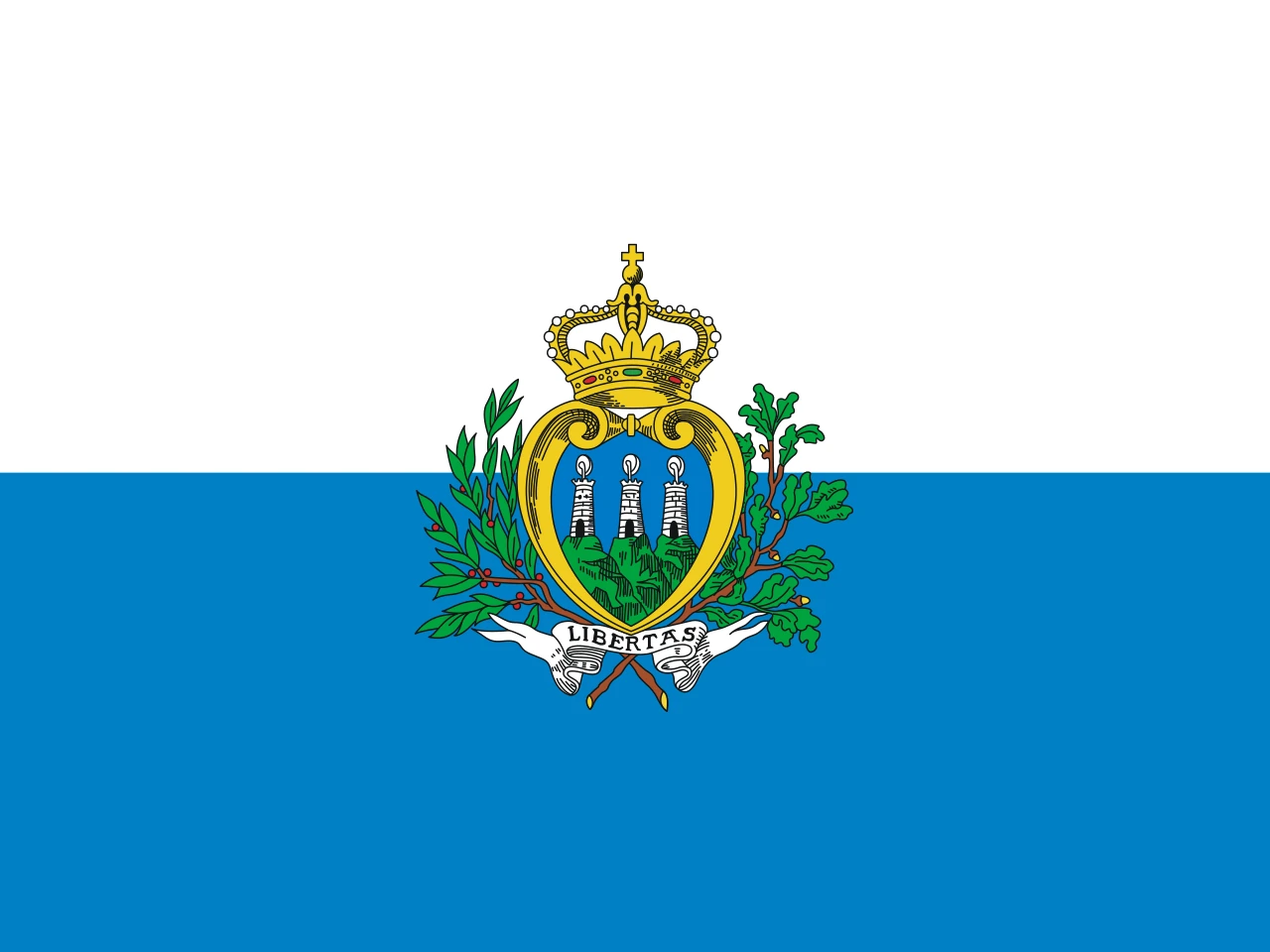 Bandera blanca i blava amb l’escut de San Marino al centre