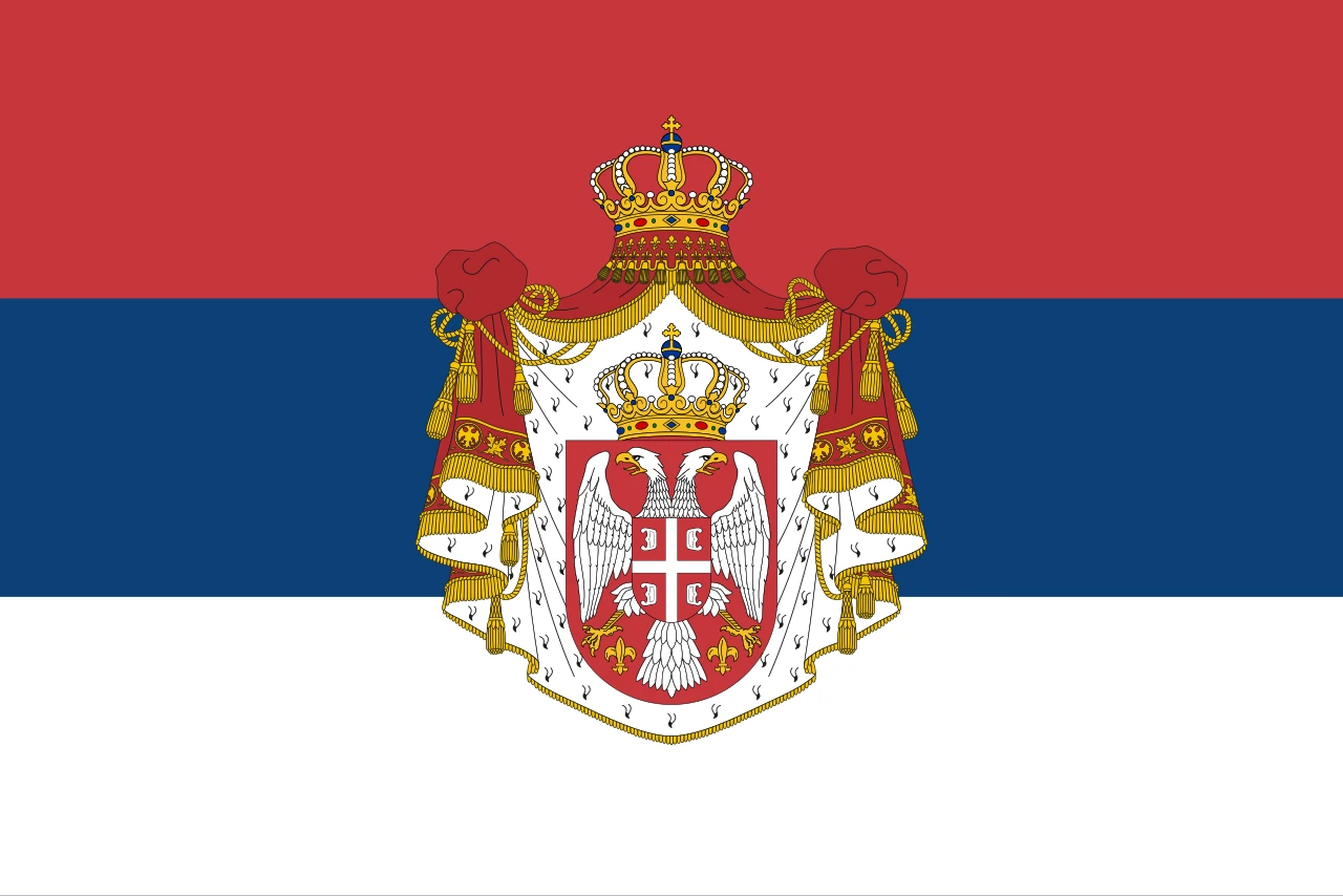 Bandera vermella, blava i blanca amb un gran escut reial amb corona i mantell