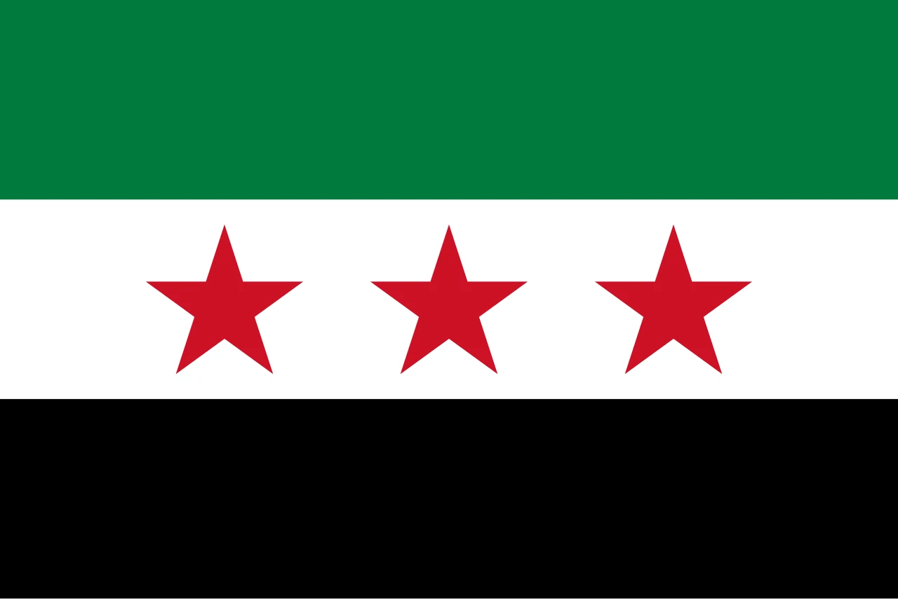 Current flag of Syria, green, white and black with three red stars