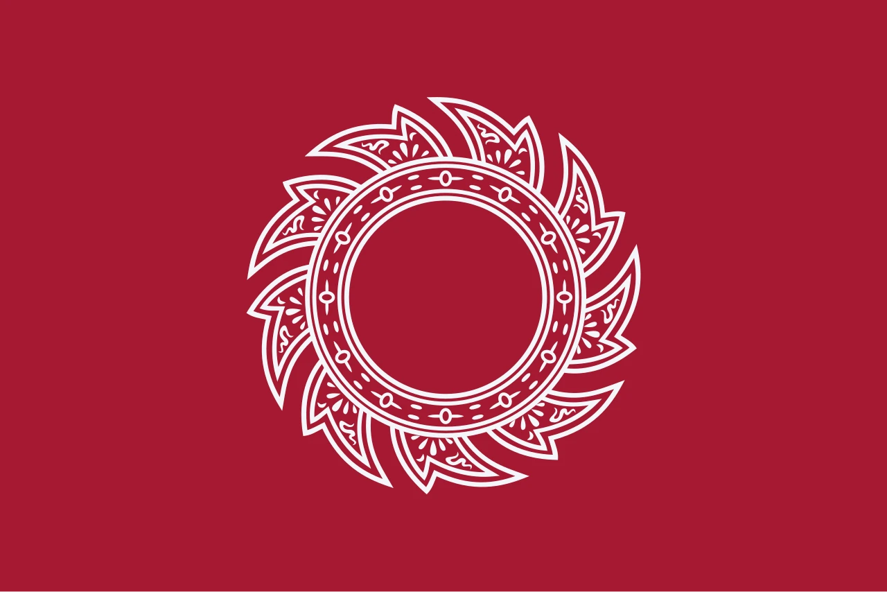 Red flag with a white spiked wheel in the centre