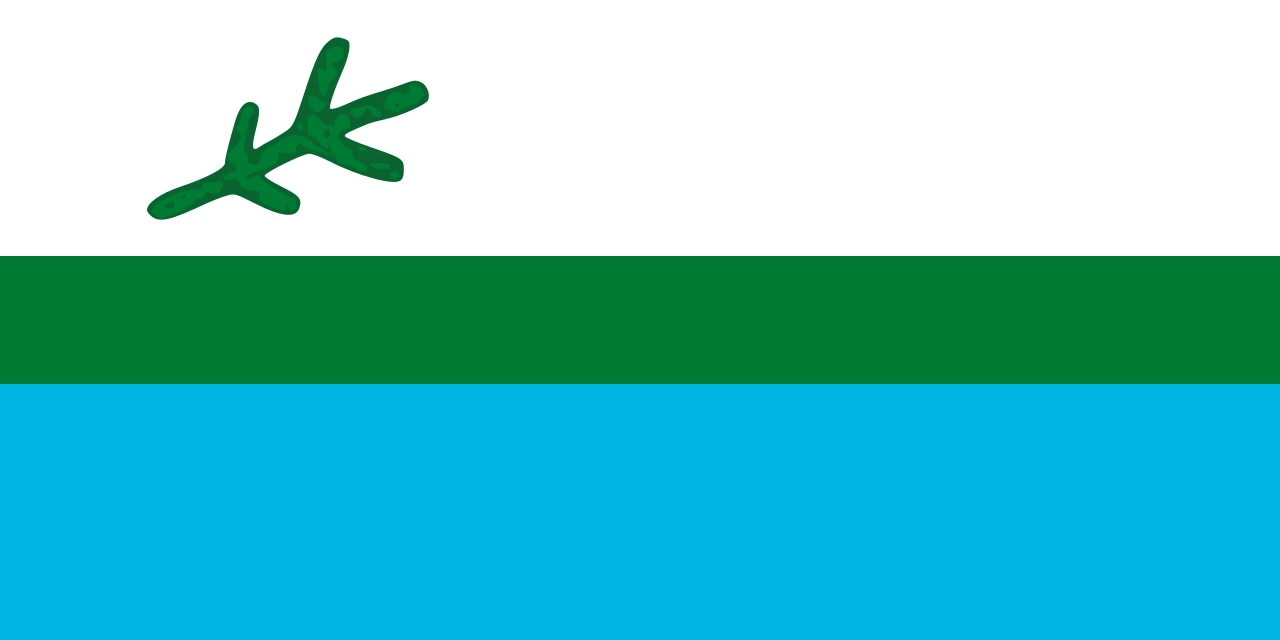 Bandera blanca, verde y azul con una rama de abeto negro arriba junto al asta