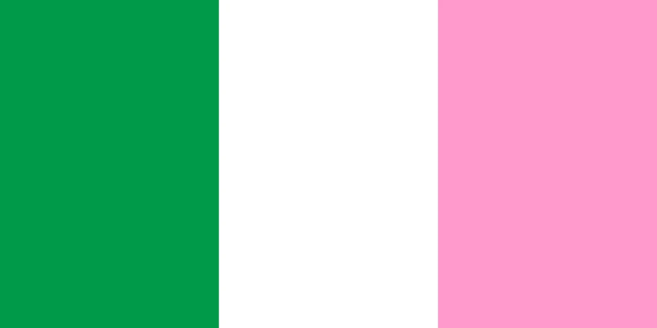 Bandera de tres franjas verticales: verde, blanca y rosa