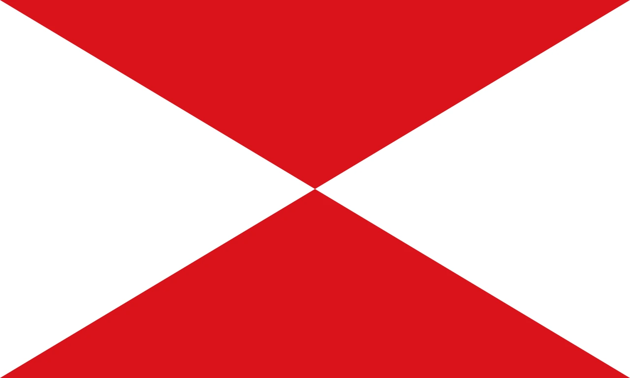 Flag divided into four triangles, red above and below and white on the sides