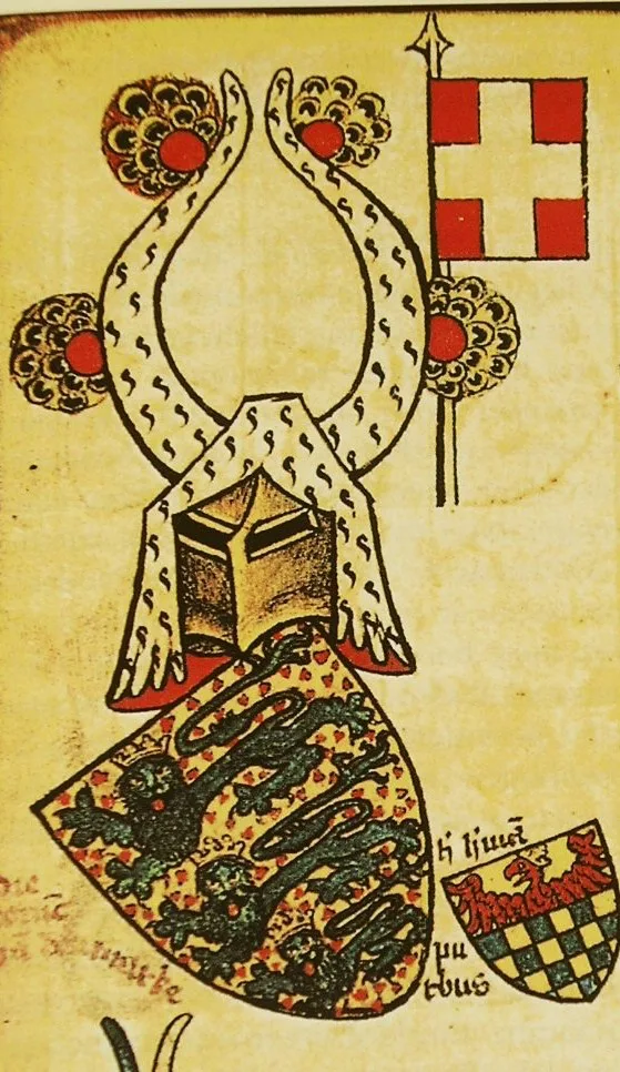Página del Armorial Gelre con las armas reales danesas y una bandera de cruz blanca sobre rojo