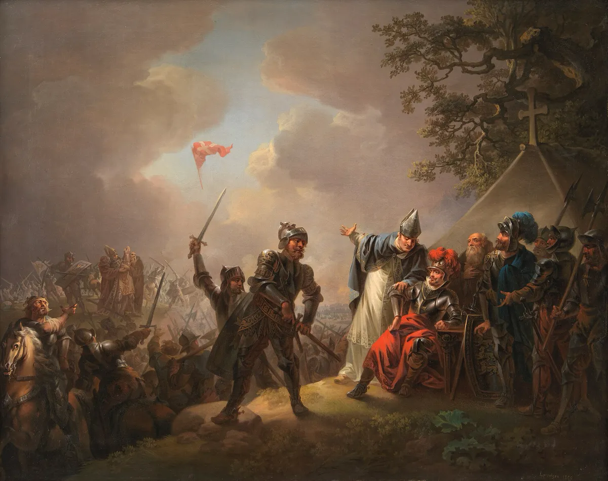 Pintura del Dannebrog caient del cel sobre l’exèrcit danès a la batalla de Lyndanisse