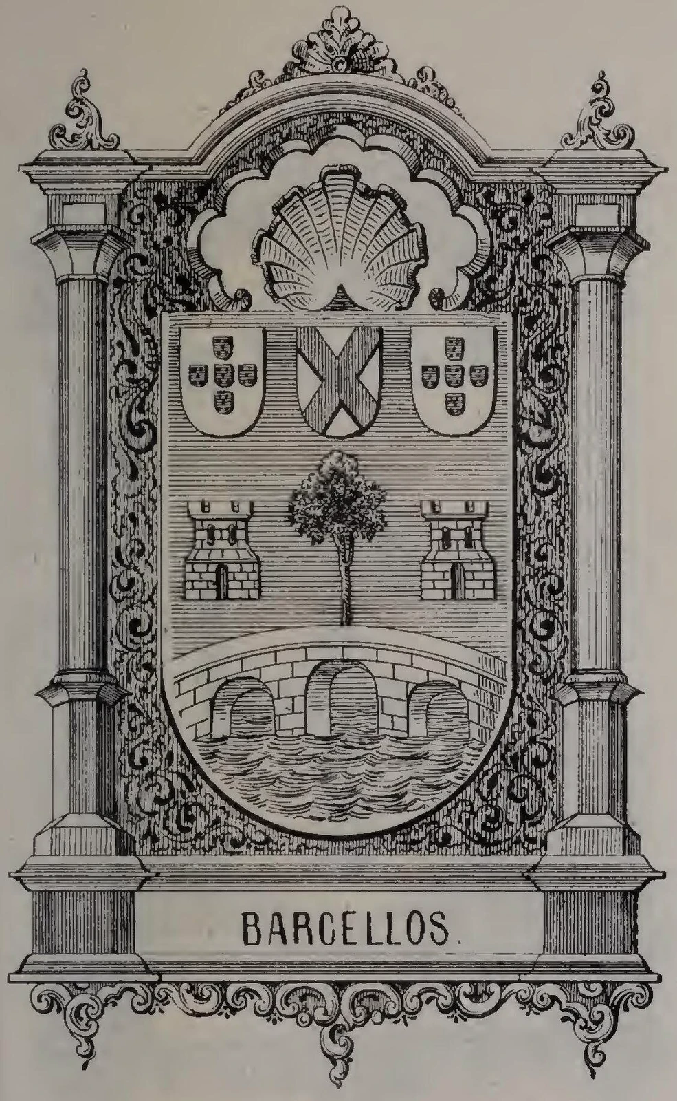 Gravat de l’escut de Barcelos el 1865: tres escutets, un arbre, dues torres i un pont sobre l’aigua