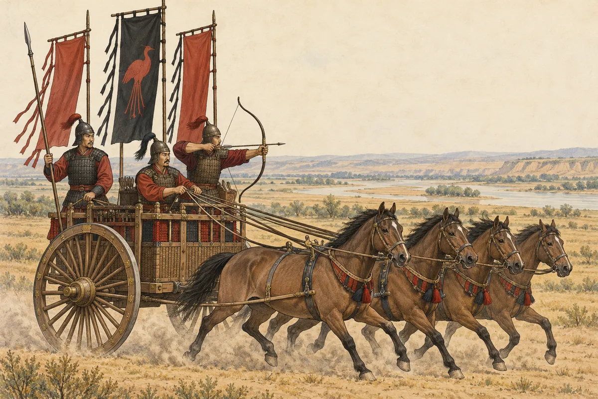 Carro de guerra xinès de l’edat del bronze amb estendards allargats de seda