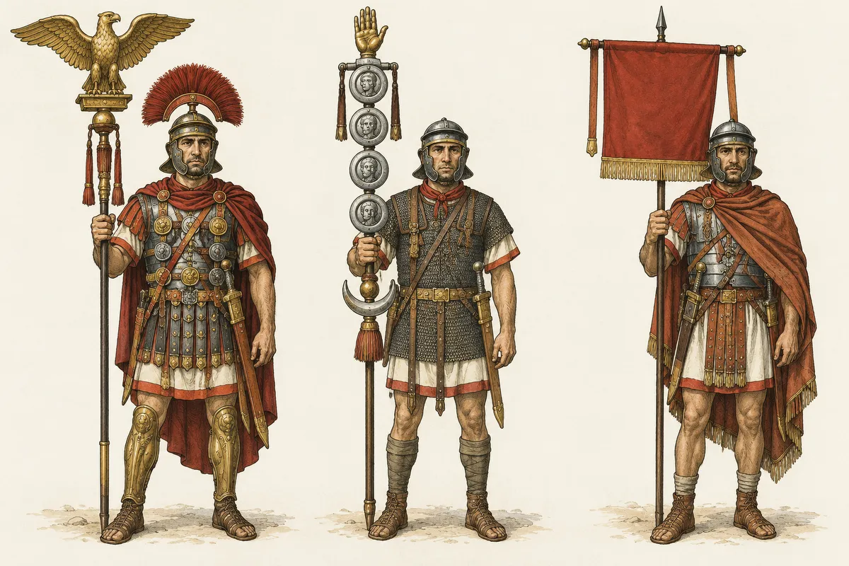 Tres portaestendards romans: un amb l’àguila, un altre amb el signum de discos i un altre amb el vexillum de tela vermella