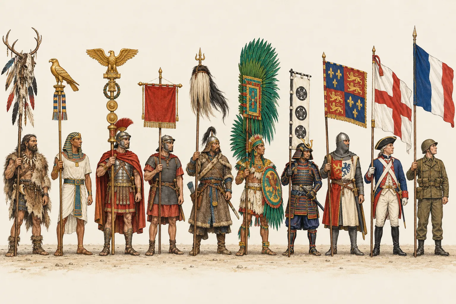 D’esquerra a dreta, l’evolució de les banderes: vexil·loide prehistòric, estendard egipci, àguila i vexillum romans, sülde mongol, estendard asteca de plomes, nobori japonès, estendard medieval, bandera de regiment i bandera nacional moderna