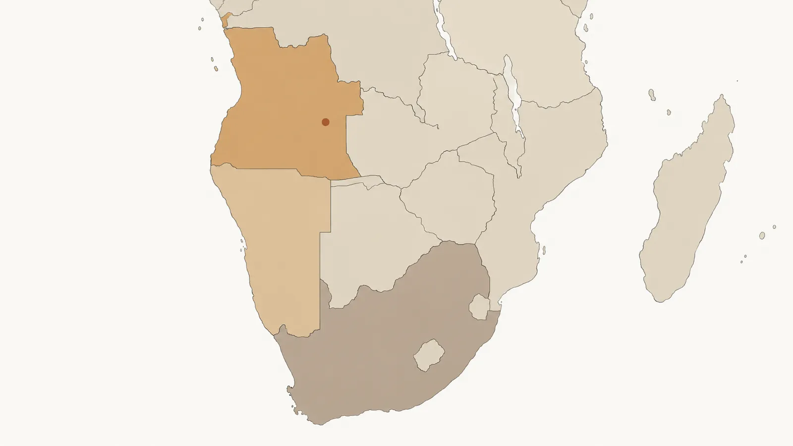 Map of southern Africa with Angola, Namibia and South Africa highlighted and a dot in south-eastern Angola Map of southern Africa with Angola, Namibia and South Africa highlighted and a dot in south-eastern Angola