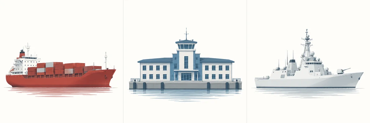 Un vaixell mercant vermell, un edifici de govern blau i un vaixell de guerra blanc Un vaixell mercant vermell, un edifici de govern blau i un vaixell de guerra blanc
