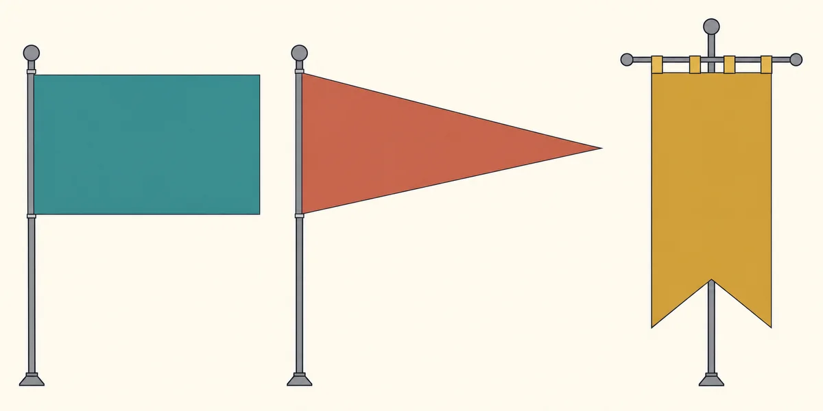 Three types of flag: rectangular, pennant and gonfalon Three types of flag: rectangular, pennant and gonfalon