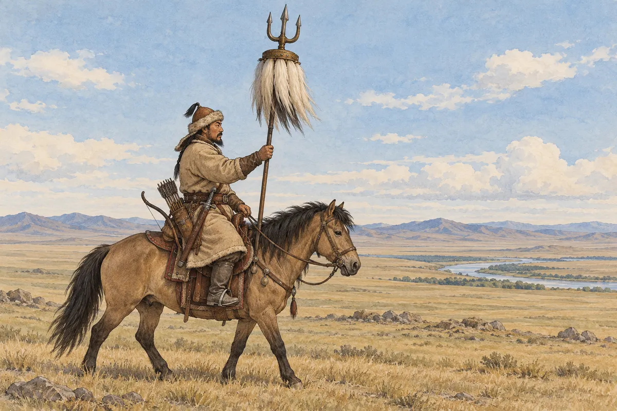 Genet mongol a l’estepa amb un sülde, una llança amb crins de cavall