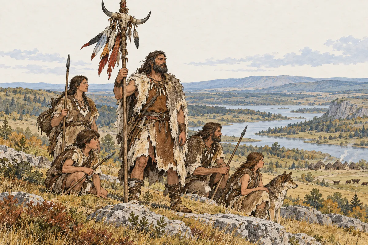 Un grup prehistòric segueix el seu cap, que porta una asta rematada amb plomes i banyes